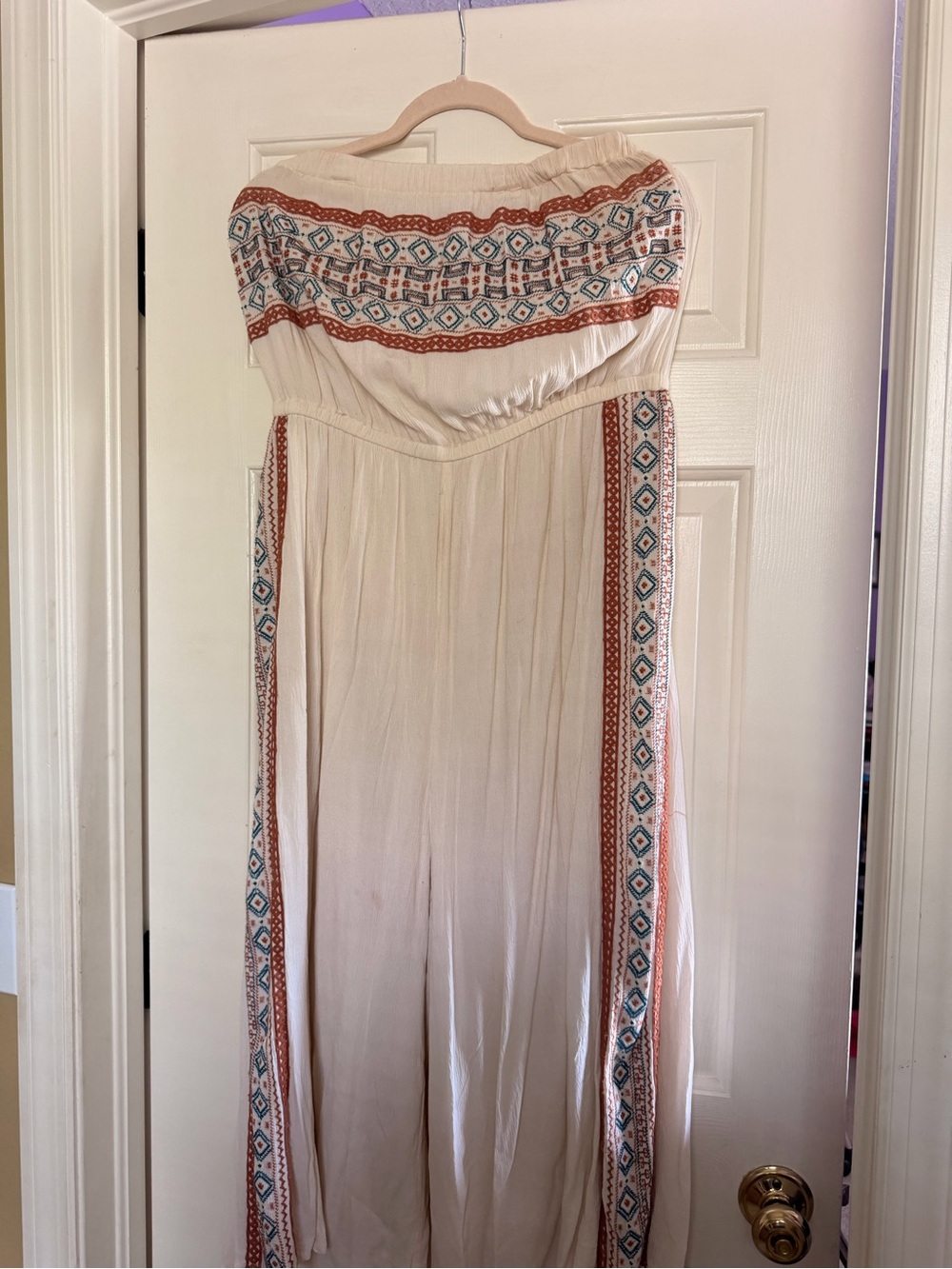 American Eagle Outfitters Cream Strapless Jumpsuit with Rust & Teal Embroidery